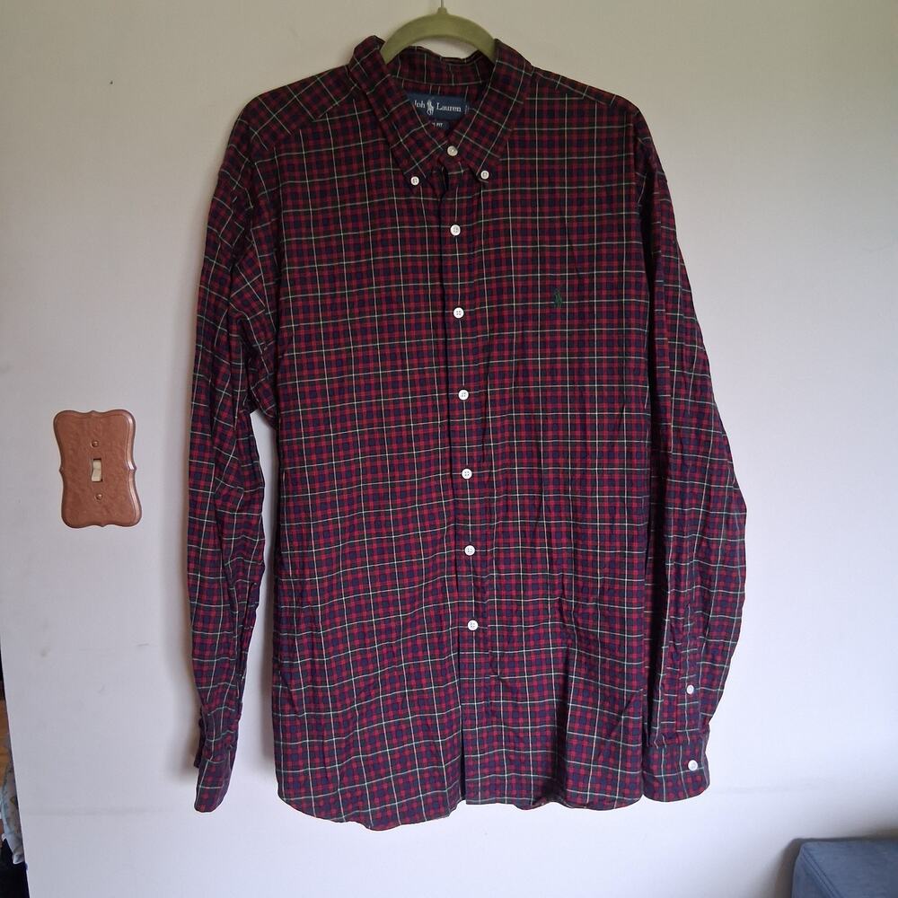 Ralph Lauren Mens XXL Classic Fit Red Navy Green Plaid Button Down Shirt